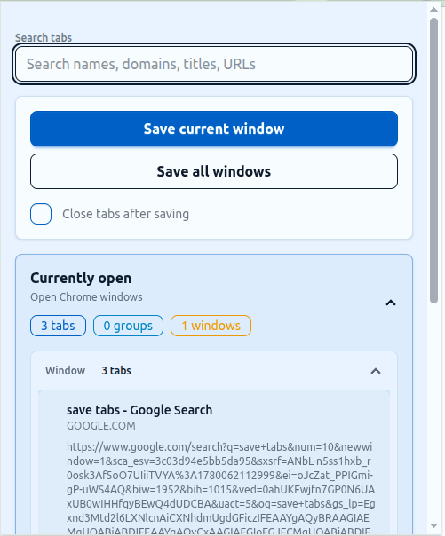 LaterTabs popup showing save controls and saved sessions