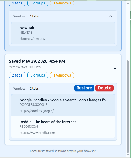 LaterTabs popup showing restore actions for a saved session