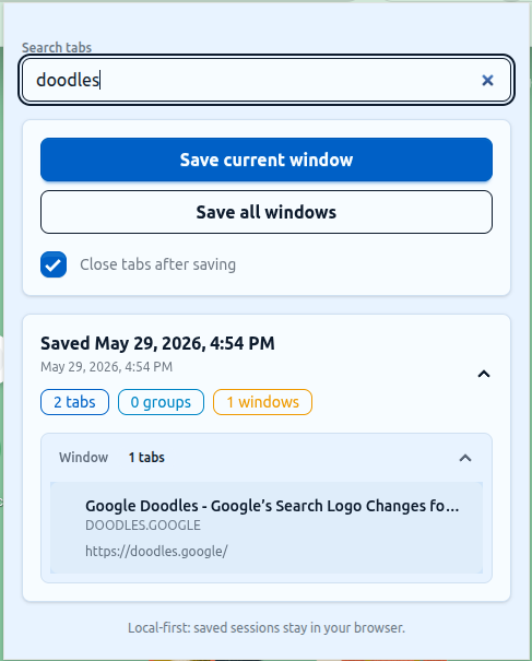 LaterTabs popup showing search results for saved sessions